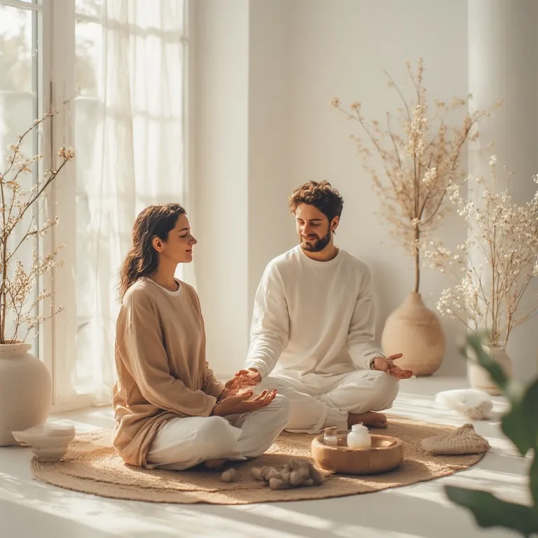 Couple paisible partageant un moment de détente dans une ambiance tamisée avec bougies et coussins moelleux