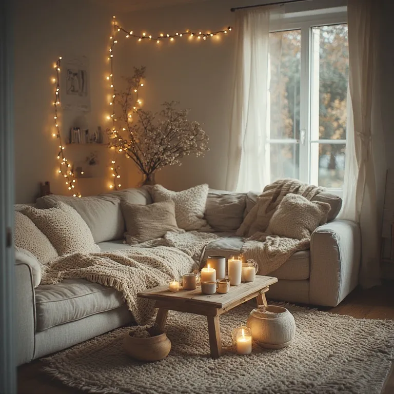 Salon chaleureux avec coussins moelleux, plaids douillets et bougies parfumées créant une atmosphère cocooning apaisante pour un couple