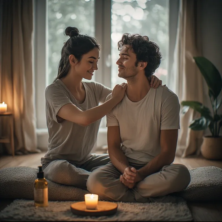 Couple partageant un moment intime d'auto-massage et de détente avec gestes bienveillants et apaisants