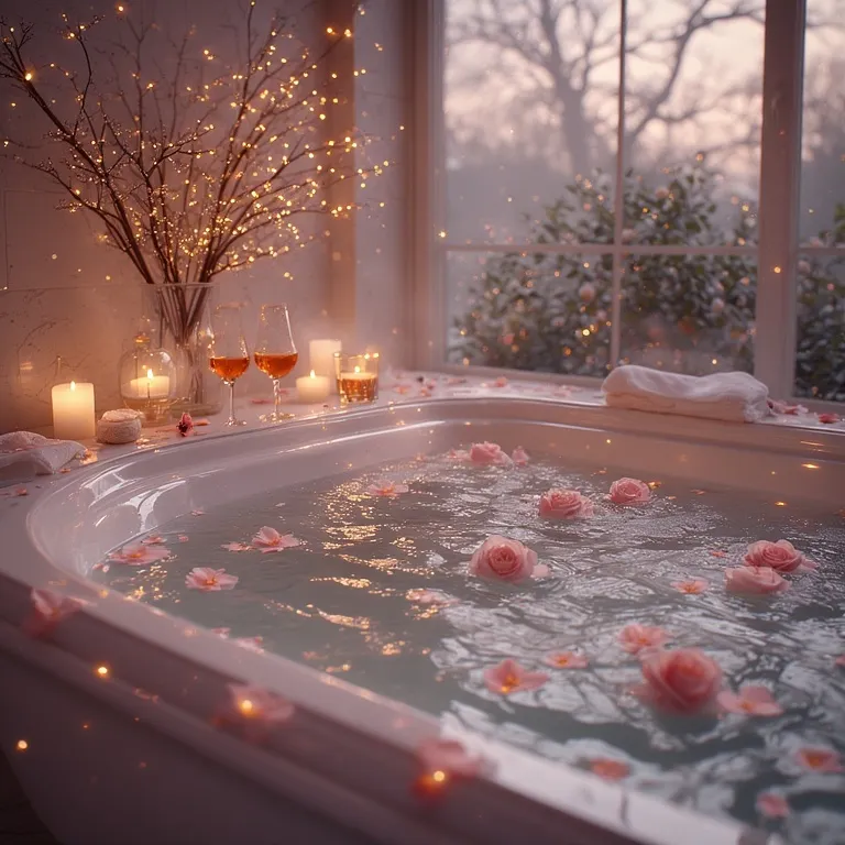 Couple profitant d'un bain relaxant aux chandelles avec sels de bain et aromathérapie