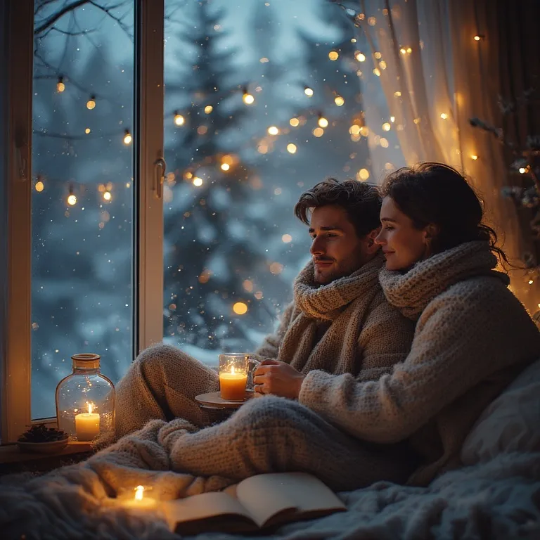 Couple souriant et complice blotti ensemble sous un plaid douillet près d'une fenêtre lumineuse en hiver