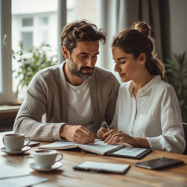 Couple souriant discutant sereinement de leur budget autour d'une table avec un ordinateur portable