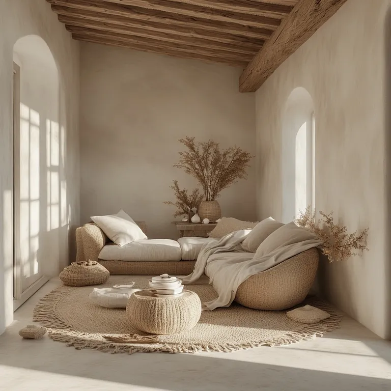 Chambre aux tons apaisants vert sauge et beige avec décoration naturelle minimaliste pour couple