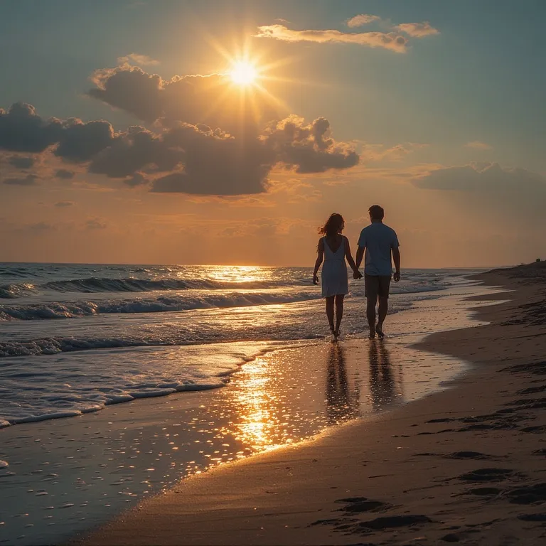 Couple se tenant la main lors d'une promenade au coucher du soleil