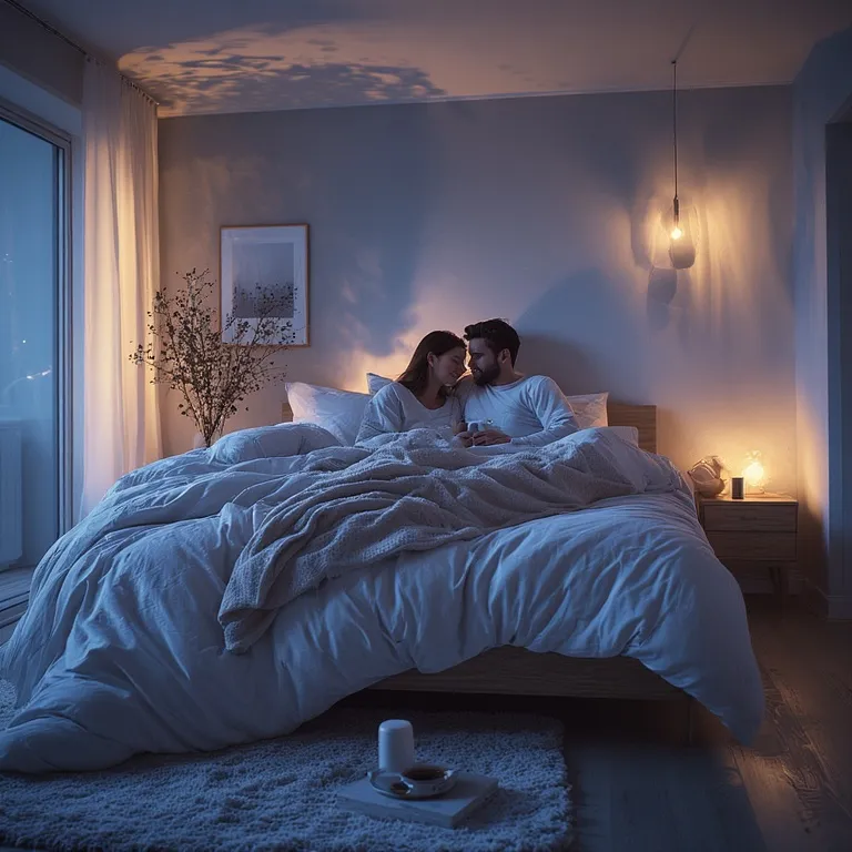 Couple paisible endormi dans un lit confortable avec une lumière douce et apaisante créant une ambiance harmonieuse pour le sommeil