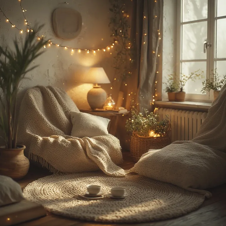 Coin détente maison apaisant avec fauteuil confortable, plaid doux et lumière naturelle pour se relaxer en couple