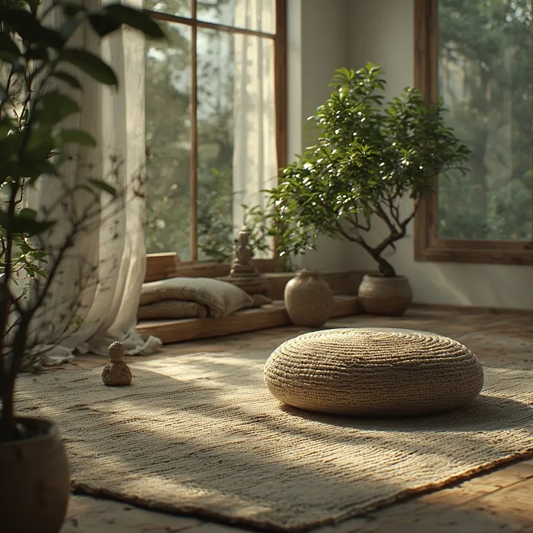 Couple méditant ensemble dans un espace zen aménagé avec coussins, plantes et lumière naturelle douce