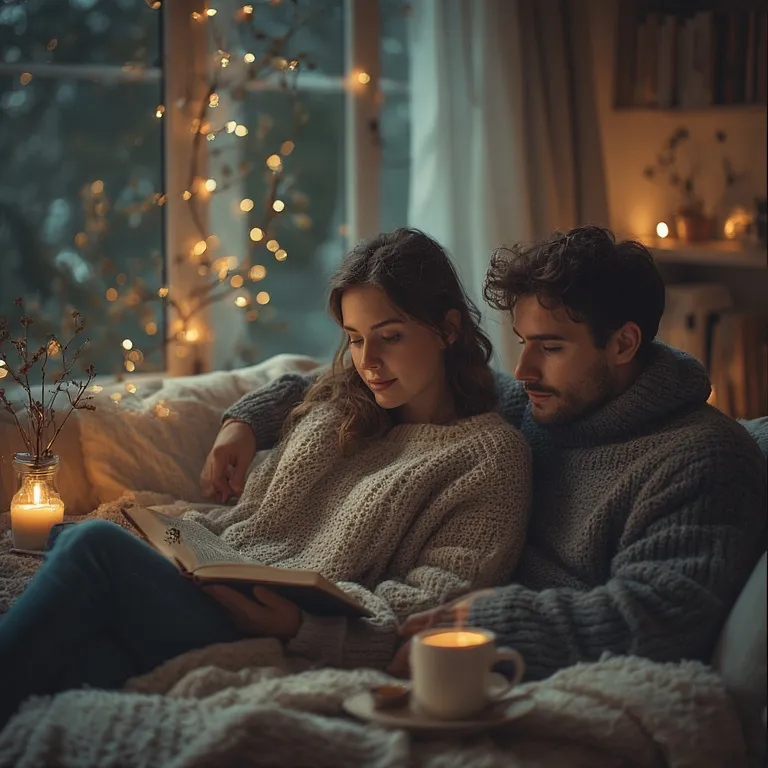 Couple détendu partageant un moment calme dans un salon cocooning avec bougies et ambiance tamisée le dimanche soir