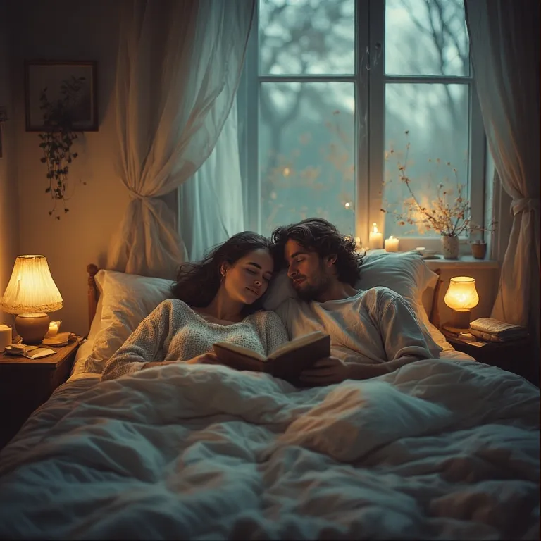 Couple paisible partageant un moment de détente dans leur chambre avant le coucher