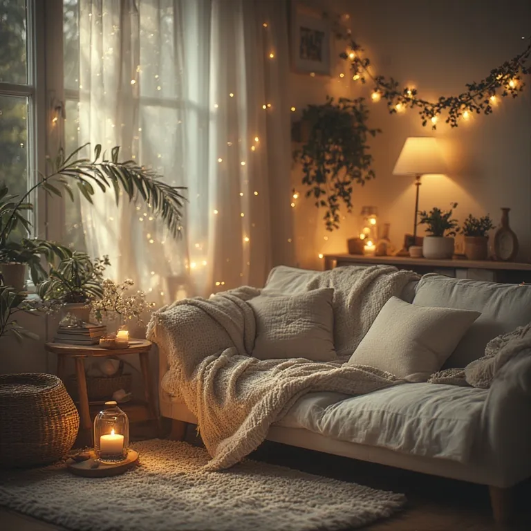 Intérieur chaleureux avec bougies allumées, diffuseur d'huiles essentielles et plantes vertes créant une atmosphère apaisante pour un couple