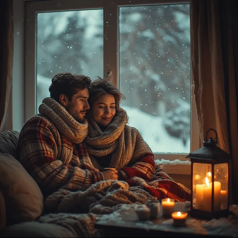 Couple complice partageant un moment cocooning pour créer de la chaleur en hiver