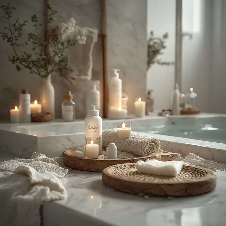 Installation spa maison avec plateau de bain en bambou, bougies allumées et accessoires de détente dans une salle de bain apaisante