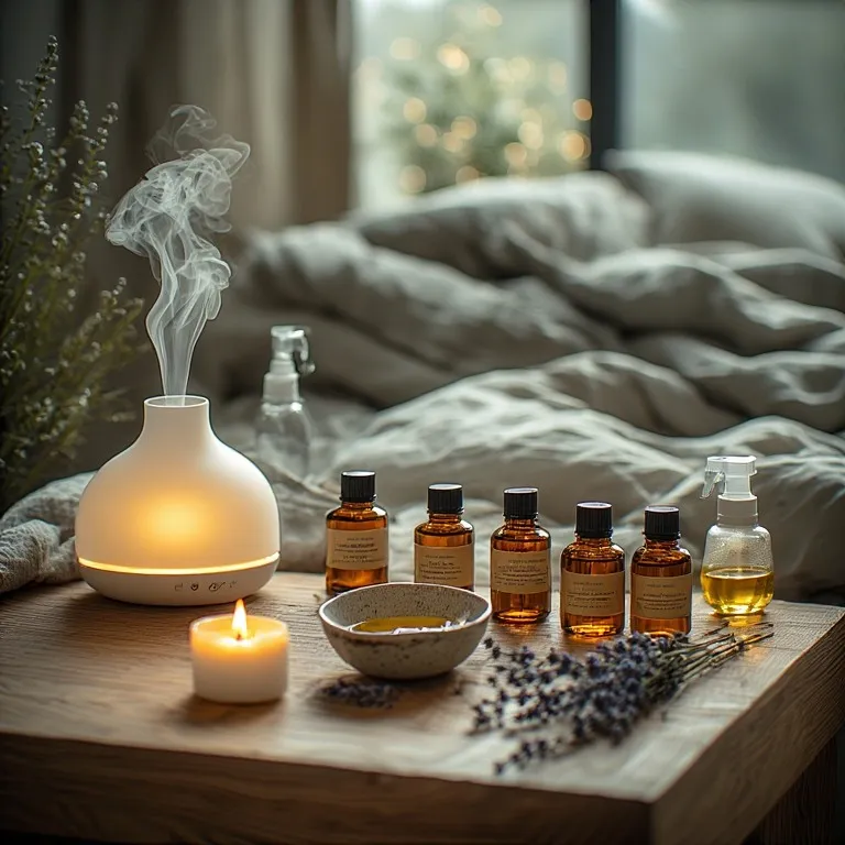 Flacon d'huile essentielle de lavande posé sur une table de nuit avec un diffuseur en arrière-plan dans une chambre apaisante