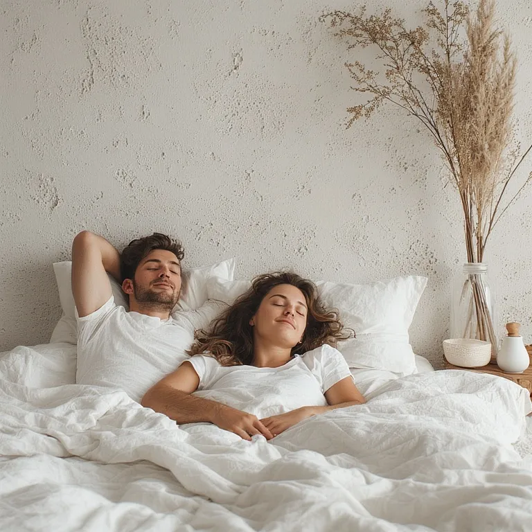 Couple paisiblement endormi dans une chambre aux tons apaisants avec lumière douce