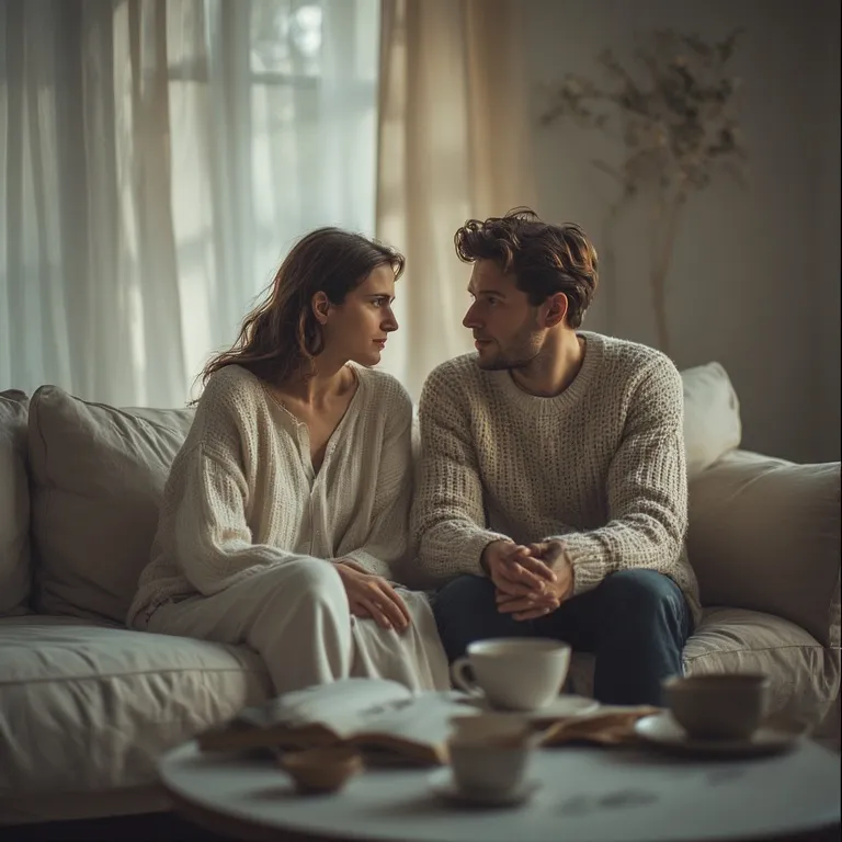 Couple assis face à face pratiquant l'écoute active et la communication bienveillante