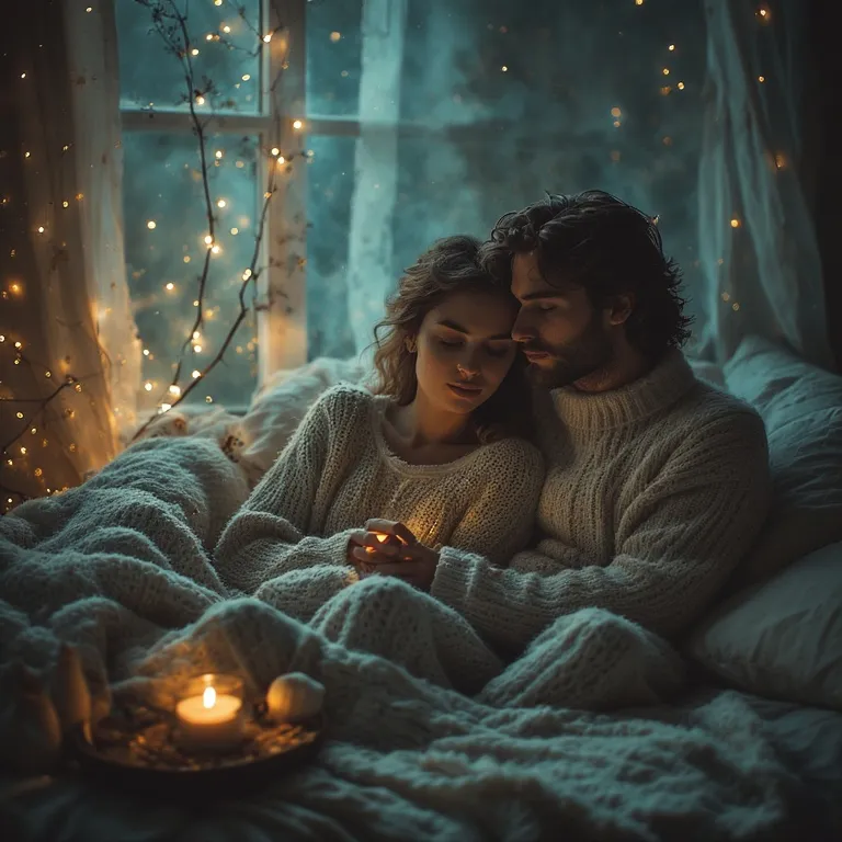 Couple serein pratiquant une routine du soir ensemble dans une chambre aux lumières tamisées