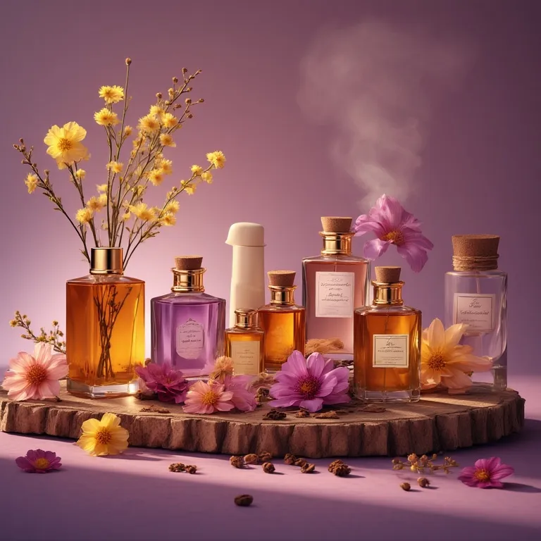 Flacons d'huiles essentielles aphrodisiaques disposés avec des pétales de fleurs et des bougies créant une ambiance sensuelle