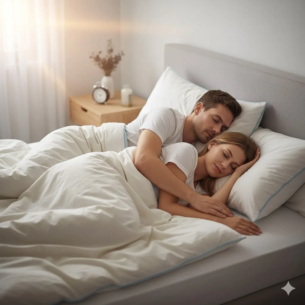 Couple dormant paisiblement dans une position confortable illustrant les positions de sommeil en couple