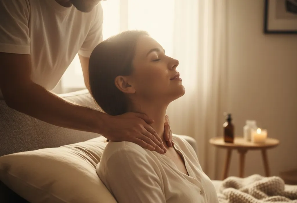Couple pratiquant un massage relaxant ciblant les zones de tensions musculaires dans une ambiance apaisante