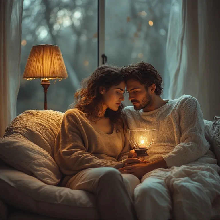Couple enlacé dans une chambre aux lumières tamisées et bougies créant une ambiance romantique et apaisante