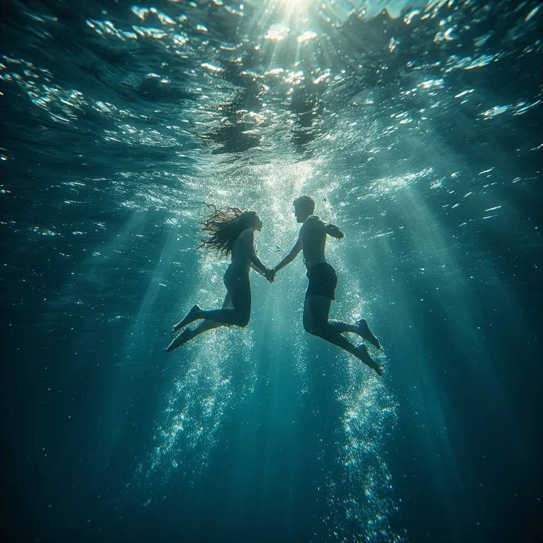 Couple nageant ensemble dans une piscine, synchronisant leurs mouvements dans l'eau