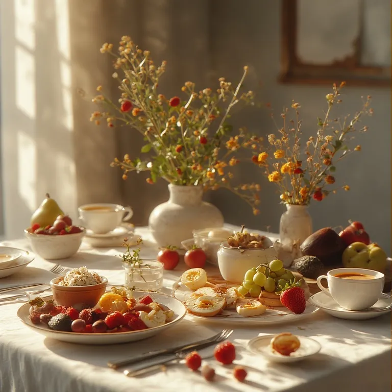 Couple partageant un petit-déjeuner sain et coloré avec fruits frais et smoothie sur une table ensoleillée