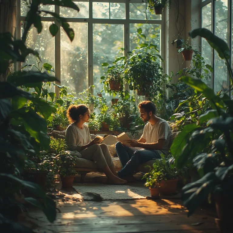Couple prenant soin de plantes d'intérieur ensemble dans un salon lumineux et apaisant