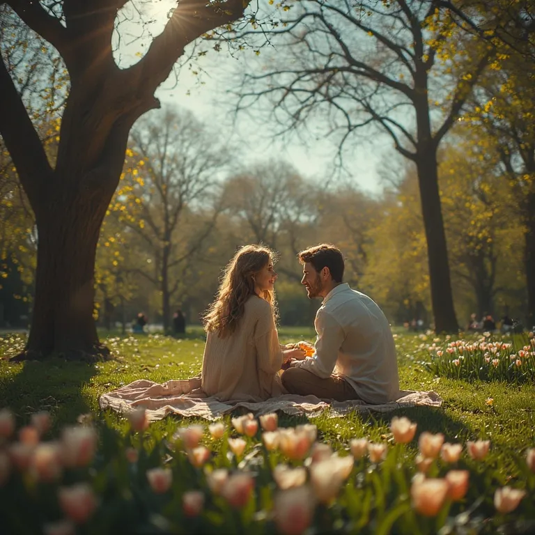 Couple souriant dans un jardin fleuri au printemps, symbole de renouveau et de connexion