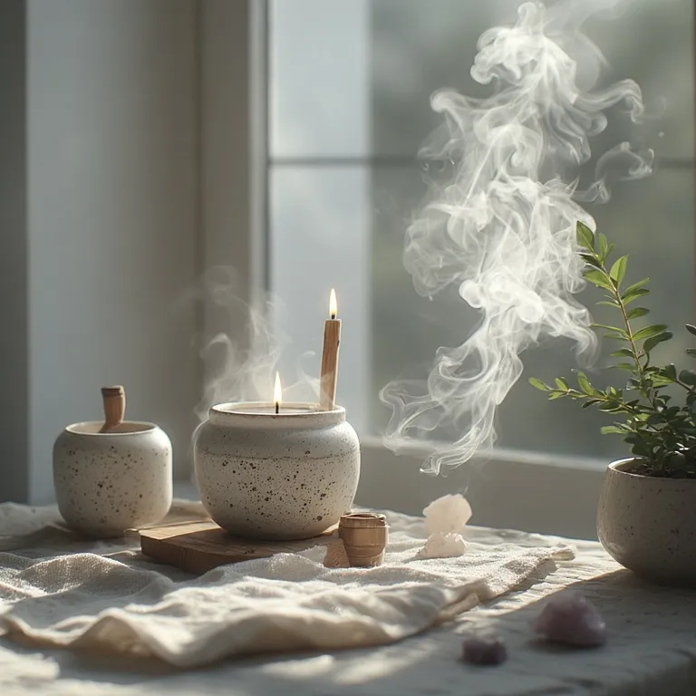 Couple purifiant l'énergie de leur espace avec sauge blanche dans un intérieur lumineux et apaisant