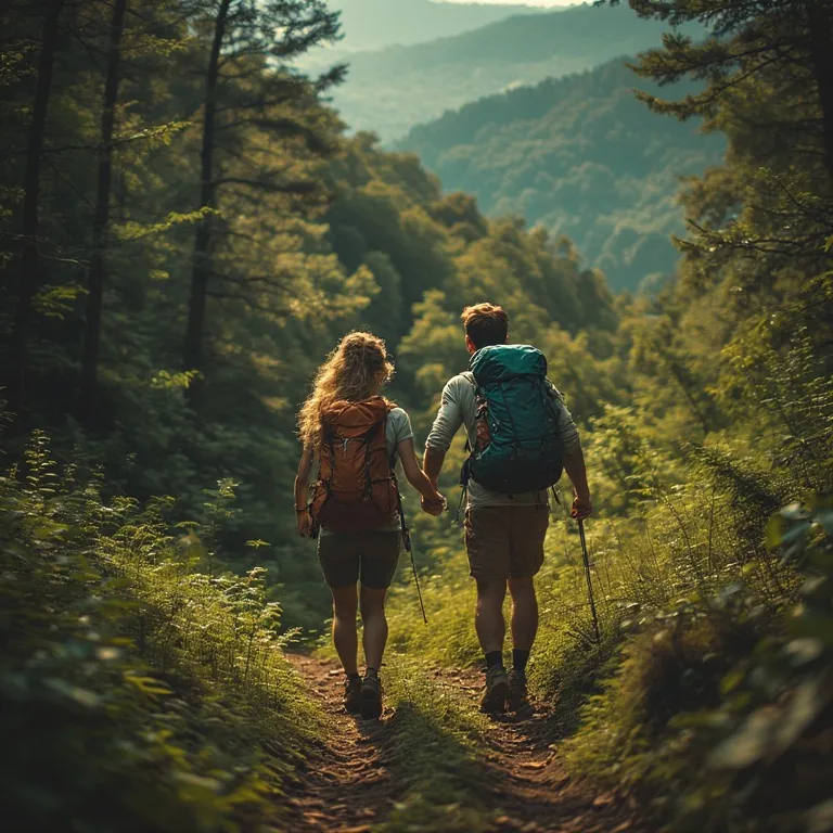 Couple main dans la main en randonnée sur un sentier de montagne au coucher du soleil