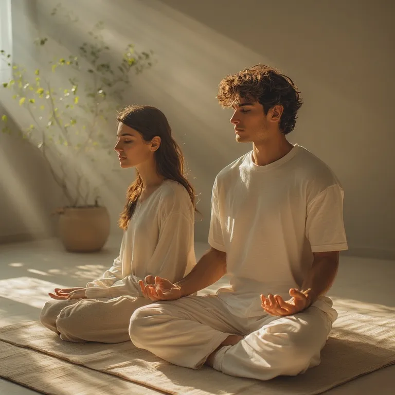 Couple pratiquant des exercices de respiration synchronisée ensemble, assis face à face dans une ambiance zen et apaisante