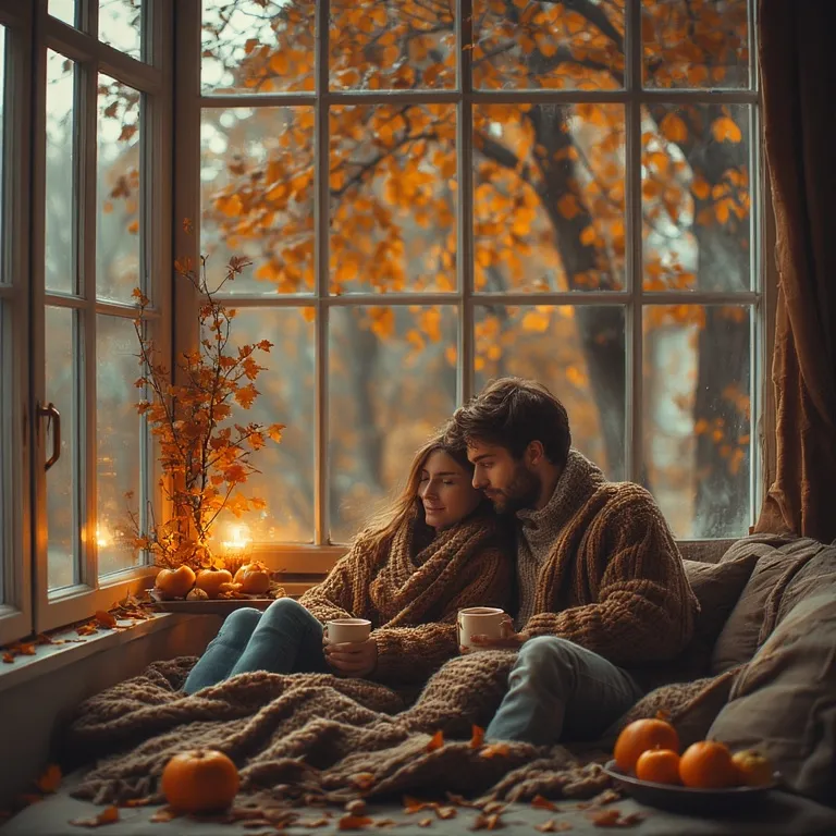 Couple enlacé sous un plaid douillet près d'une fenêtre avec vue sur les feuilles d'automne