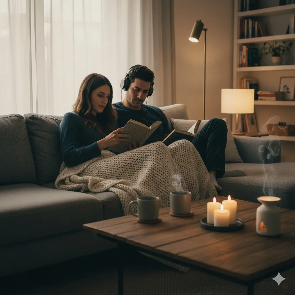 Couple installé confortablement dans un canapé, partageant un moment de lecture paisible à la lumière tamisée