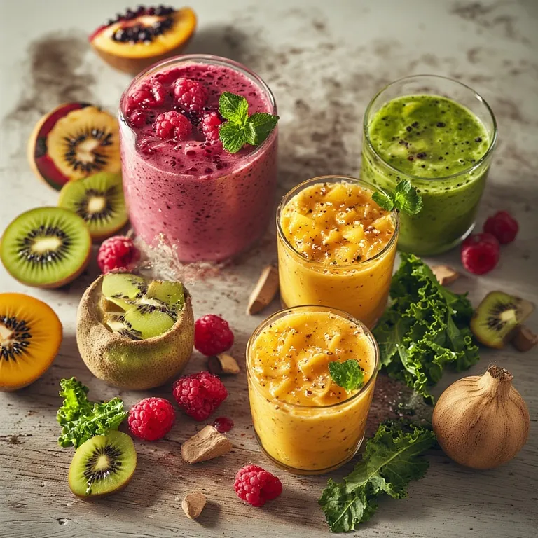 Couple actif préparant ensemble des smoothies énergisants aux fruits frais dans une cuisine lumineuse