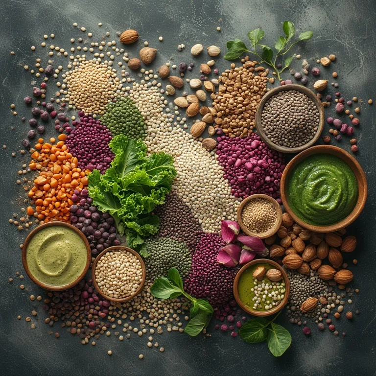Assortiment de superaliments colorés disposés harmonieusement pour soutenir l'équilibre hormonal féminin naturellement