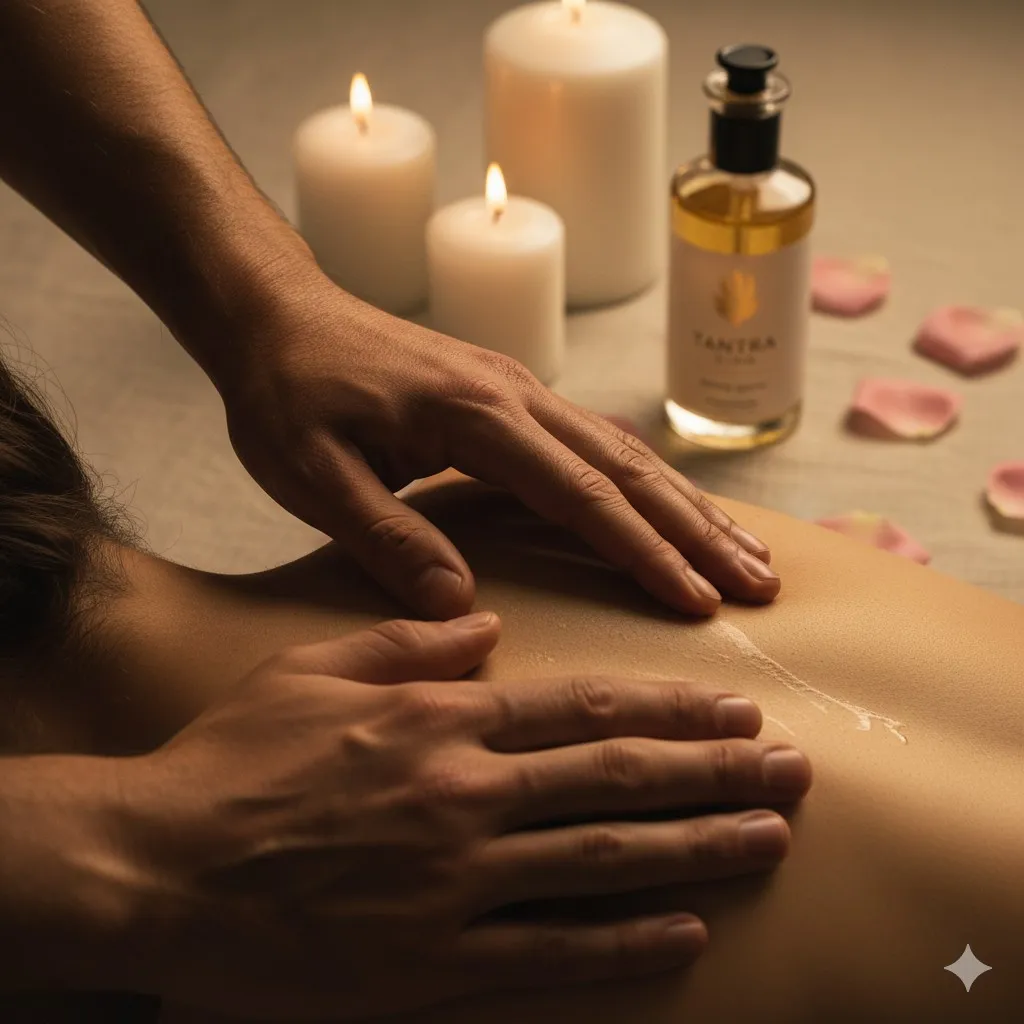 Couple pratiquant le massage tantrique dans une ambiance tamisée avec bougies et huiles essentielles